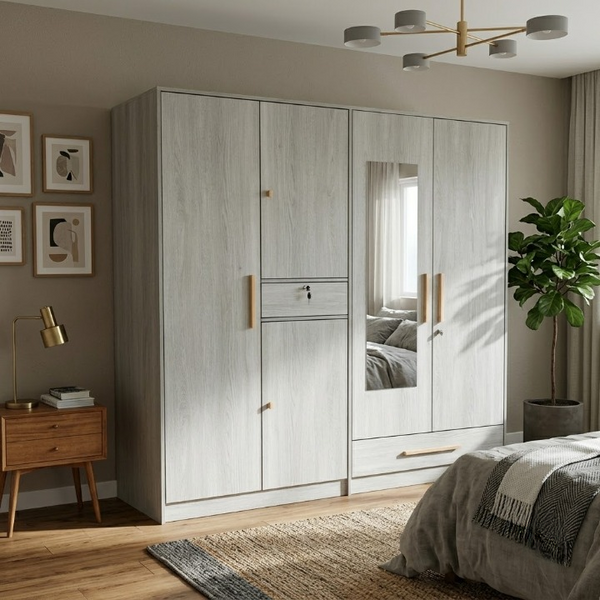 4-Door Wood Grain Wardrobe with Mirror and Gold Handles in a modern bedroom setting.