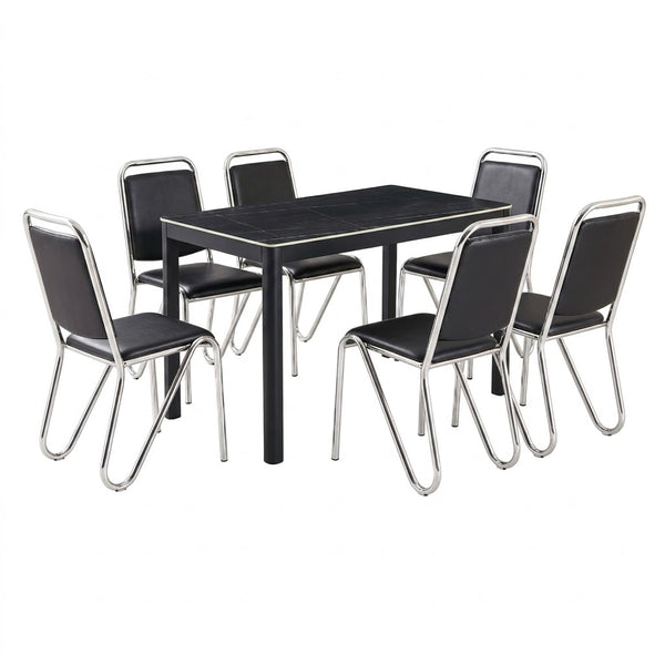 Black and Chrome 6 Seater Dining Table and Chair Set featuring a modern design with sleek chrome accents.