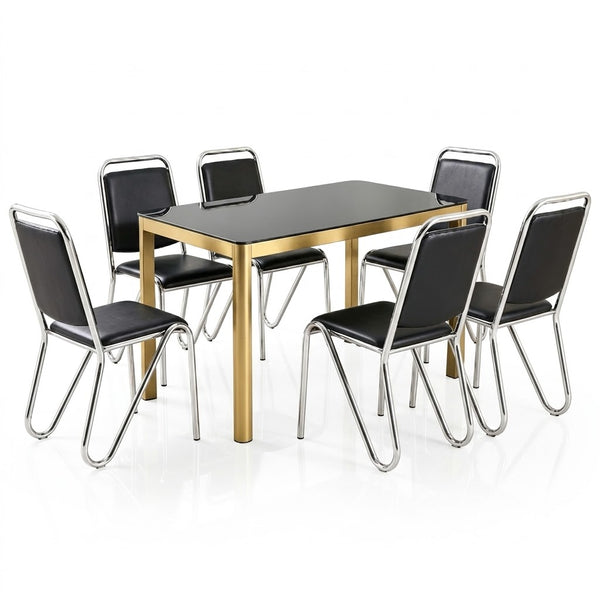 Black and Chrome 6 Seater Dining Table and Chair Set featuring a sleek design with polished chrome and black seating.