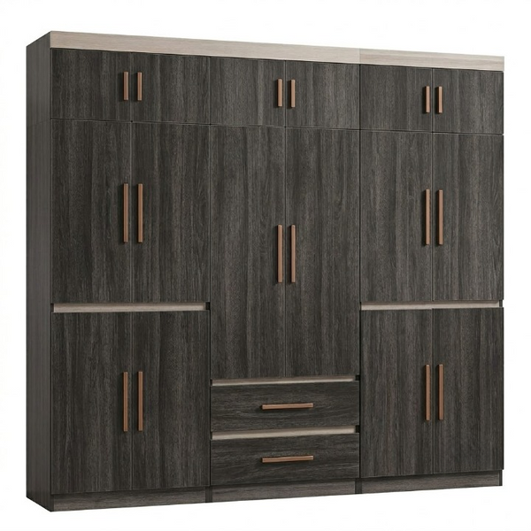 Suitable Bedroom Wardrobe Closet with multiple storage compartments and a sleek dark finish.