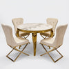 Modern 4-Seater Luxury Round Dining Table Set featuring a marble top and gold accents with plush cream chairs.