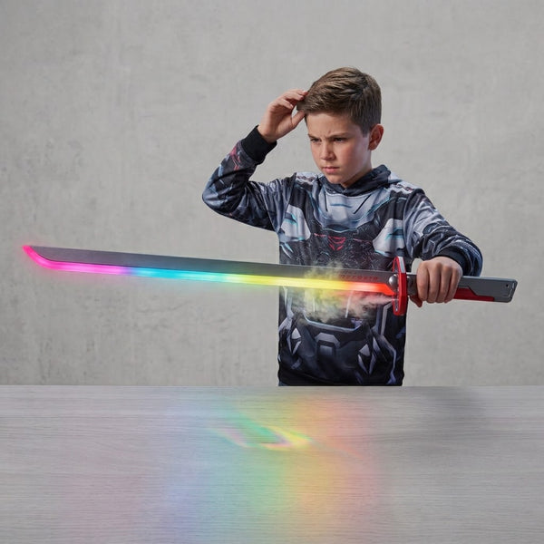 Child holding a Rechargeable LED Light-Up Toy Katana with colorful illumination effects.