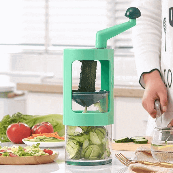 Fruit and Vegetable Spiral Cutter in use, transforming cucumbers into spirals for salads and dishes.