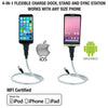 4 in 1 Flexible Charger Dock Stand with smartphones connected, featuring iOS and Android compatibility.
