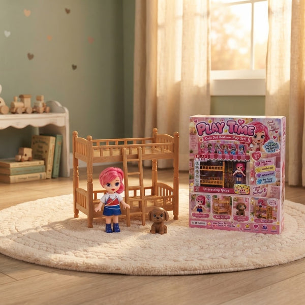 Doll Bedroom Play Set featuring a doll, bunk bed, and pet dog in a cozy room setting.