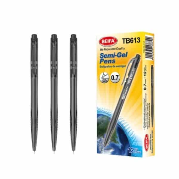 12 pcs Pocketclip Semi-Gel Pen 0.7mm Black pack with three pens and box packaging.