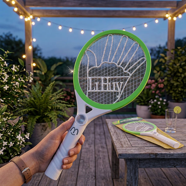 A person holding a Palm Mesh Core Electric Mosquito Swatter outdoors with a garden backdrop.