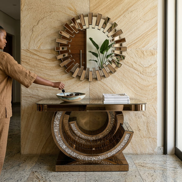 Mirror Console Storage Table Set with stylish mirror, decorative bowl, and organized space in a modern entryway.