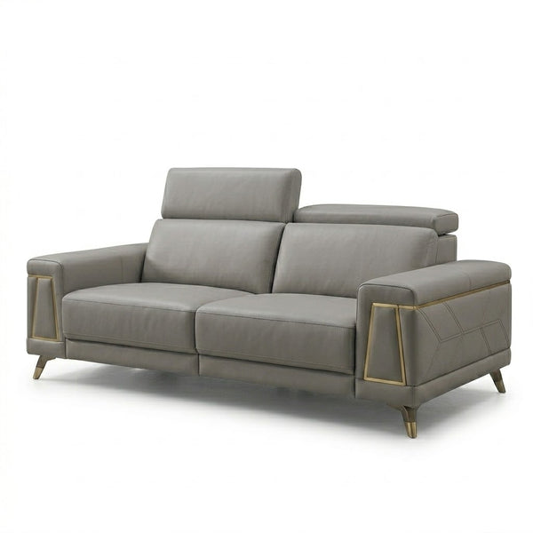 Contemporary Modular Lounge Sofa Set featuring stylish gray leather with gold accents and adjustable headrests.