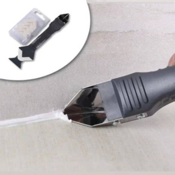 5 in 1 Multifunctional Sealant Caulking Tool smoothing sealant on a surface with a scraper tool in the background.