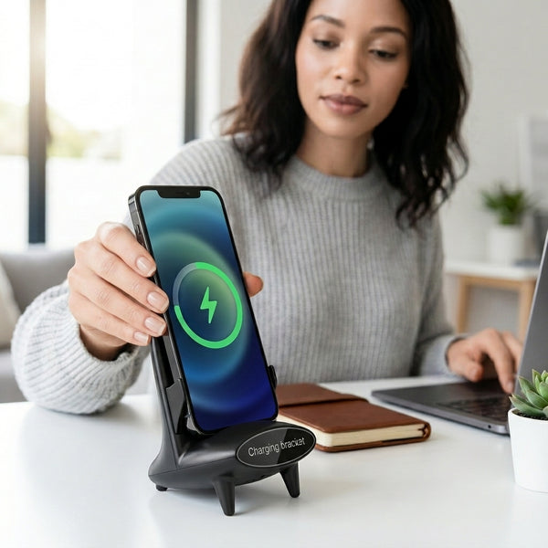 Desktop Magnetic Wireless Charging Bracket in use, featuring a smartphone being charged wirelessly on a desk.