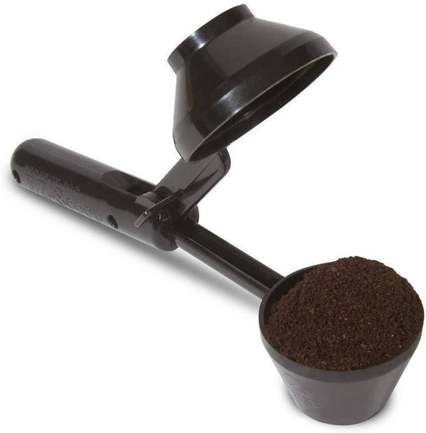 2 in 1 Coffee Scoop and Funnel, a black kitchen tool with a scoop and funnel combination for coffee grounds.