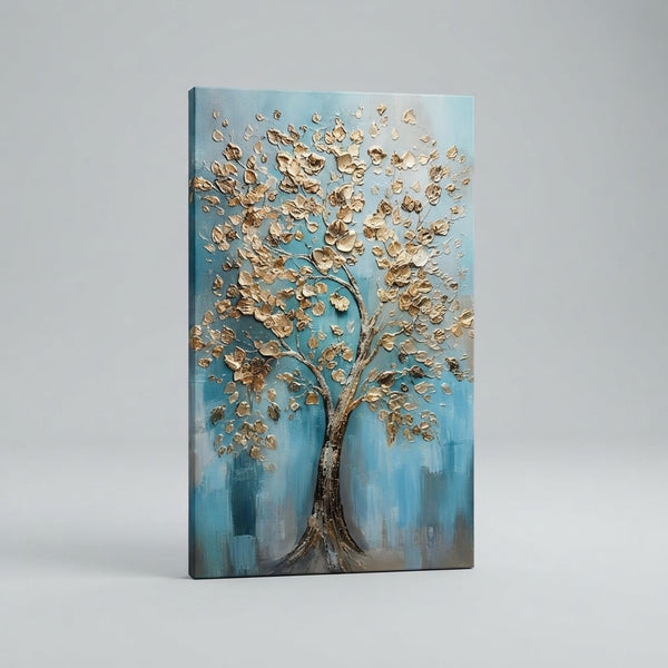 Vertical Golden Tree Canvas Wall Art featuring shimmering gold leaves against a blue background, perfect for modern decor.
