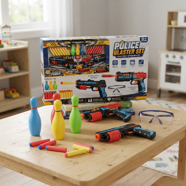 Police Blaster Pretend Play Toy Set for Kids displayed on a table with colorful accessories and blasters.