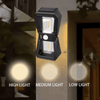 Solar Modern Outdoor Wall Light with adjustable high, medium, and low lighting options.