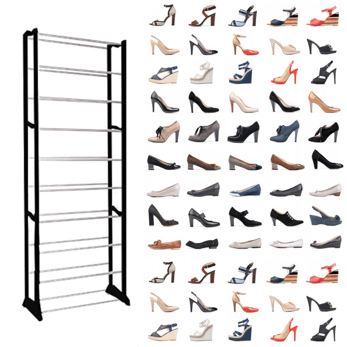 10 Tier Shoe Rack beside various stylish high-heeled shoes, perfect for organizing footwear in small spaces.