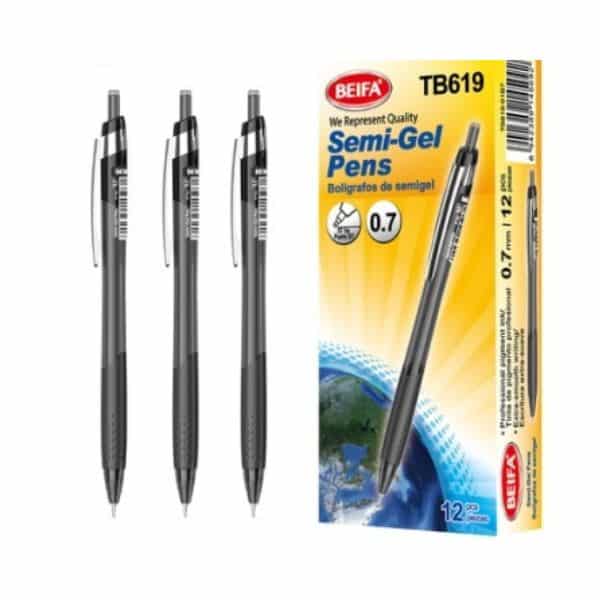 12 pcs Quick-Dry Semi-Gel Pens Black in packaging with three pens, showcasing their quality and design.