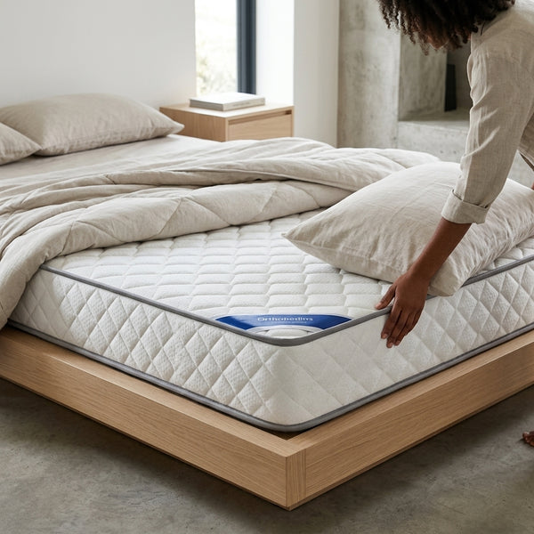 1.5M Comfort Sleep Mattress Person adjusting the 1.8M Comfort Sleep Mattress on a stylish wooden bed frame in a modern bedroom setting.
