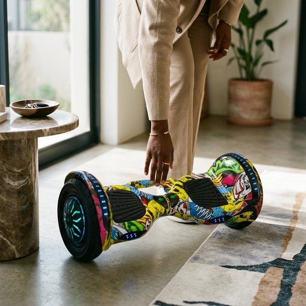 Electric Self-Balancing Hoverboard with a colorful design, showcased in a stylish indoor setting.