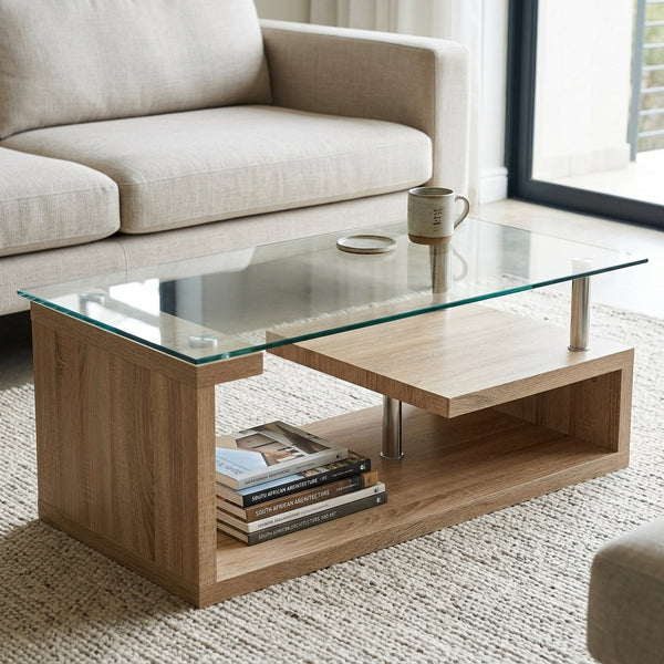 Tempered Glass Top Coffee Table with Oak Base featuring a glass top and oak-style base, modern design for living rooms.