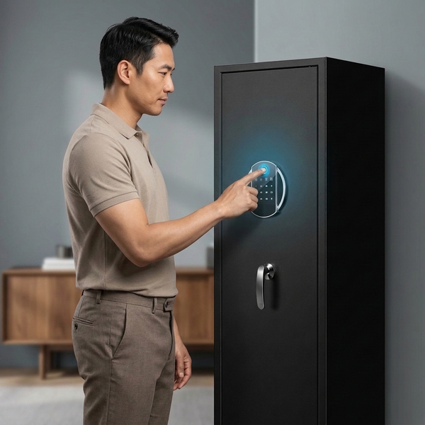 Man using fingerprint access on a Large Digital Safe with Fingerprint Access in a modern interior.
