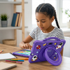 A young girl using a 7-Inch Childrens Educational Android Tablet at a desk with colorful stationery.