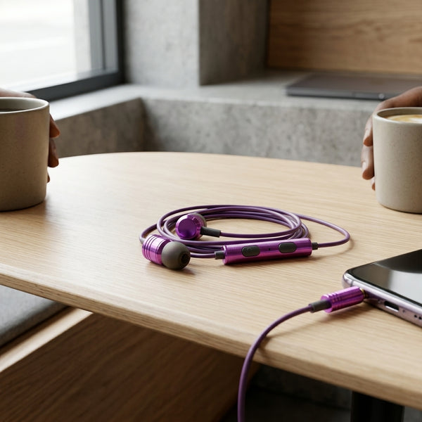Compact True Wireless Bluetooth Earbuds on a wooden table next to two cups of coffee.