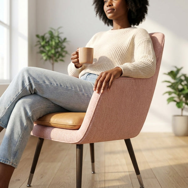 Modern Café Dining Chair in a bright room with a woman enjoying coffee while seated.