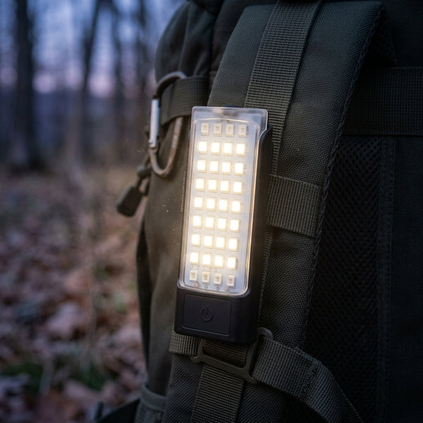 Portable Solar COB Work Light - Bright & Reliable Lighting attached to a backpack in a forest setting.