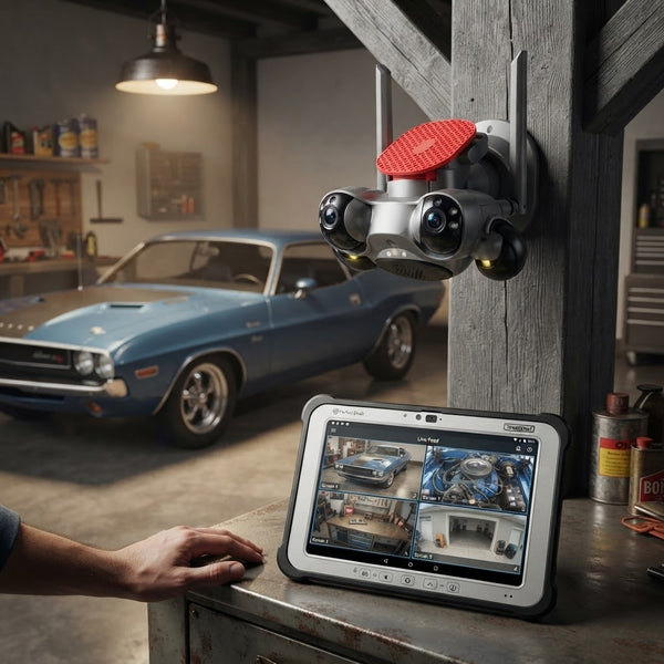 4-Lens PTZ Wi-Fi Security Camera Unit monitoring car in garage with tablet displaying live feed.