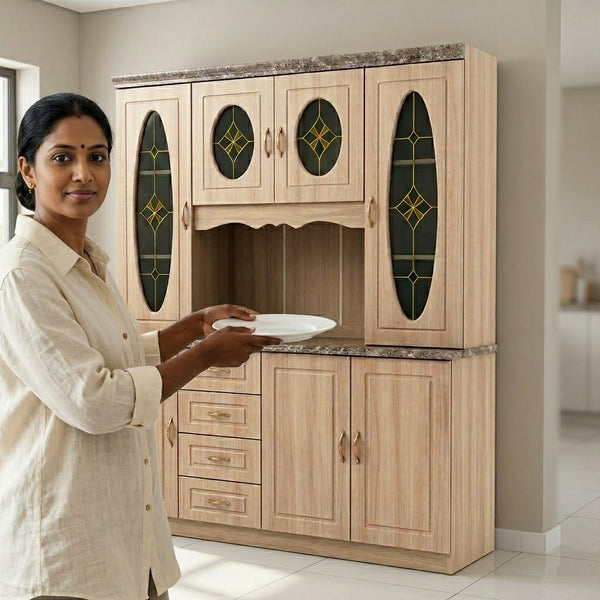 Woman holding a plate in front of a minimalist glass kitchen cabinet shutter door, showcasing modern design and elegance.