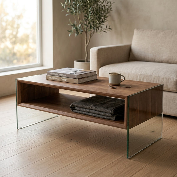 Melamine Particle Board Storage Furniture Unit featuring a wooden tabletop and glass legs in a modern living room setting.