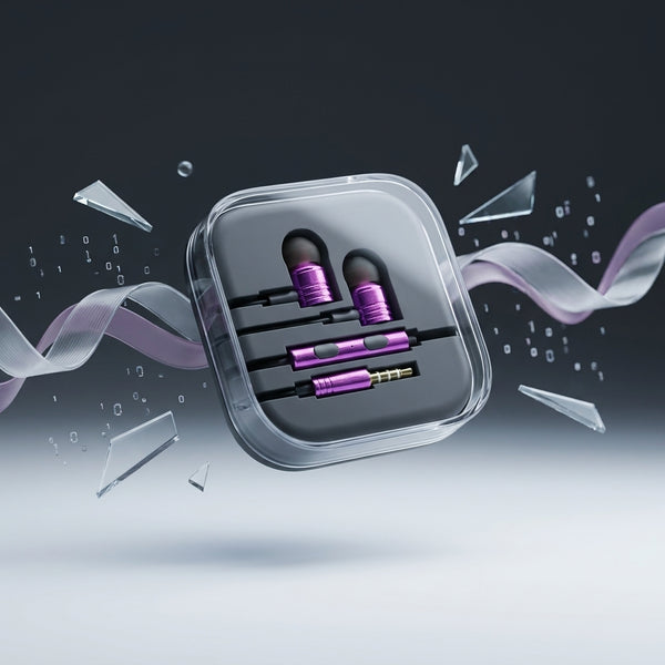 Compact True Wireless Bluetooth Earbuds in clear charging case with floating design and vibrant purple accents.