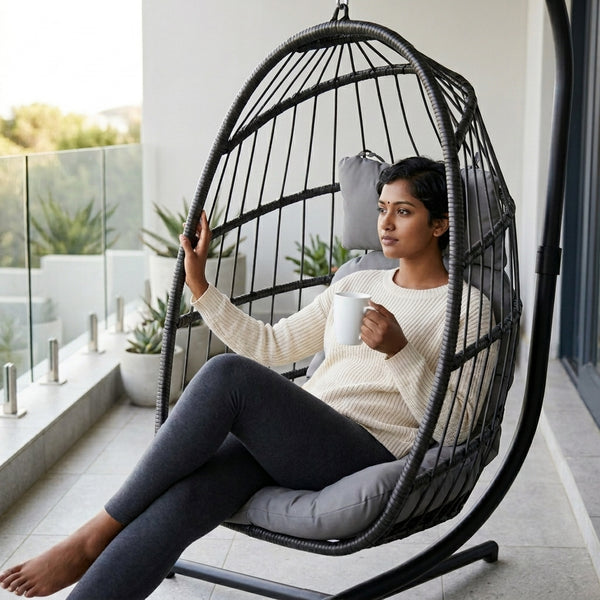 A woman relaxing in a Steel Frame Hanging Egg Chair on a balcony, enjoying a cup of coffee.