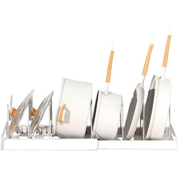Adjustable Pots and Pans Organizer showcasing a neat arrangement of cookware with lids.