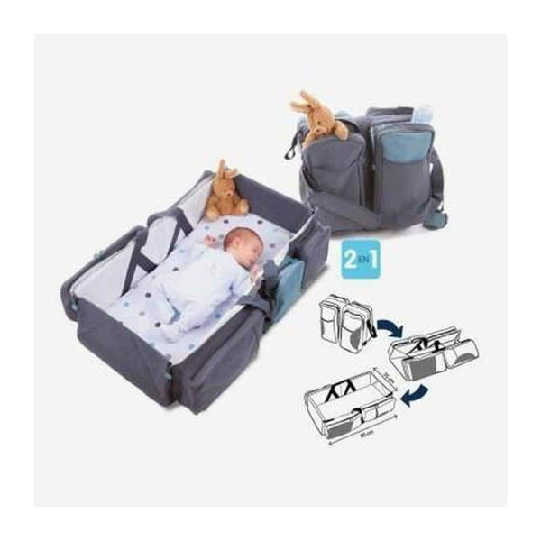 2 in 1 Travel Baby Bed & Bag featuring a baby sleeping and a spacious carry bag for travel convenience.