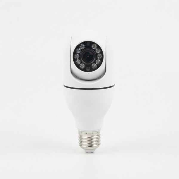 Wireless Light Bulb Security Camera featuring a 360-degree view with LED lights and easy installation.