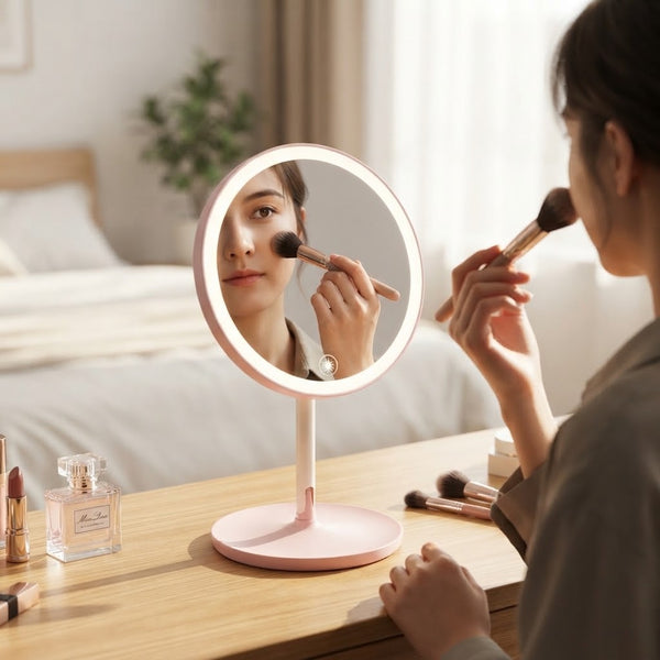 The pink and white biaxial circular makeup mirror