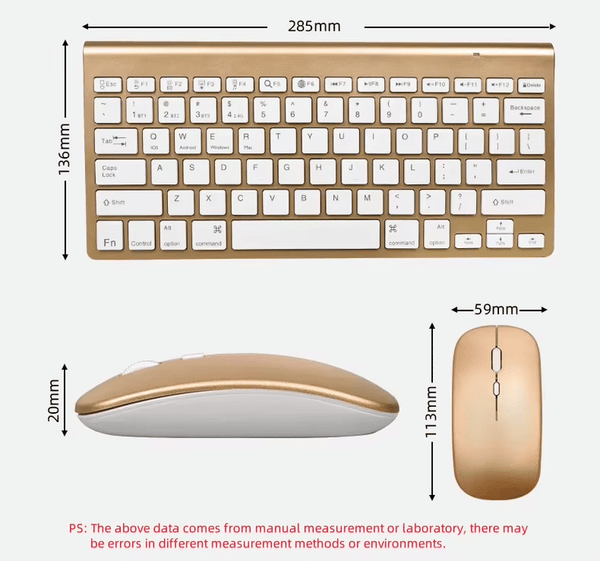 USB LED Keyboard and Mouse Combo dimensions showing keyboard and mouse sizes in a minimalistic design.