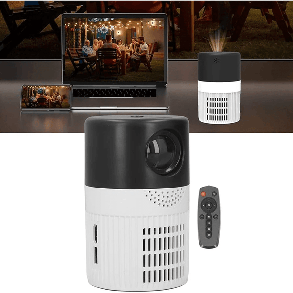 Mini Home & Outdoor Movie Projector displayed with a laptop and remote, showcasing a portable cinema experience.