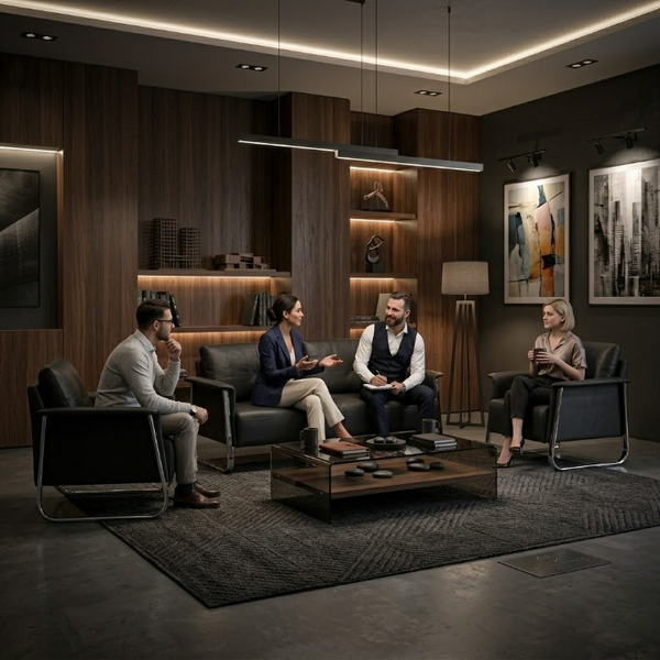 Benya Professional Leather Office Couch in a modern office setting with professionals discussing.