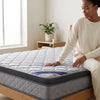 1.5M Double Comfort Mattress with a woman testing its comfort and texture in a bright bedroom setting.