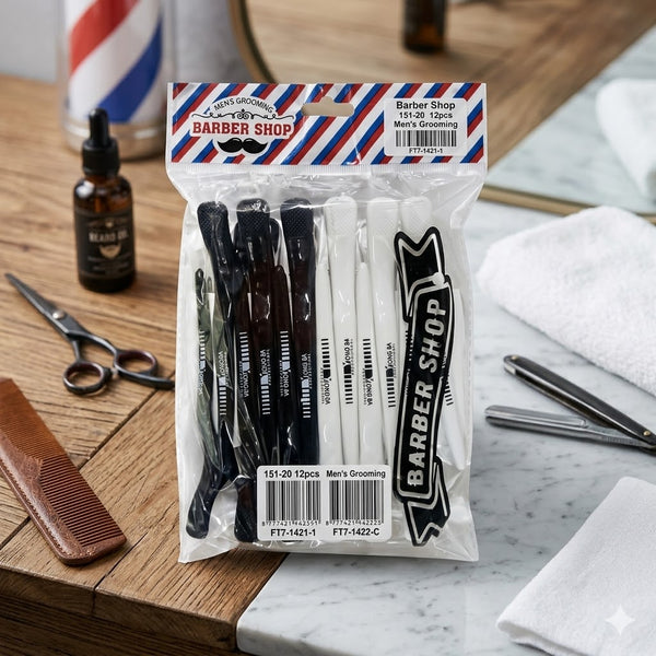 12 Piece Professional Barber Hair Sectioning Clips pack with various colored clips on a barber counter.
