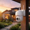 1080P HD Wireless Outdoor PTZ Security Camera mounted on a porch post with a house in the background.