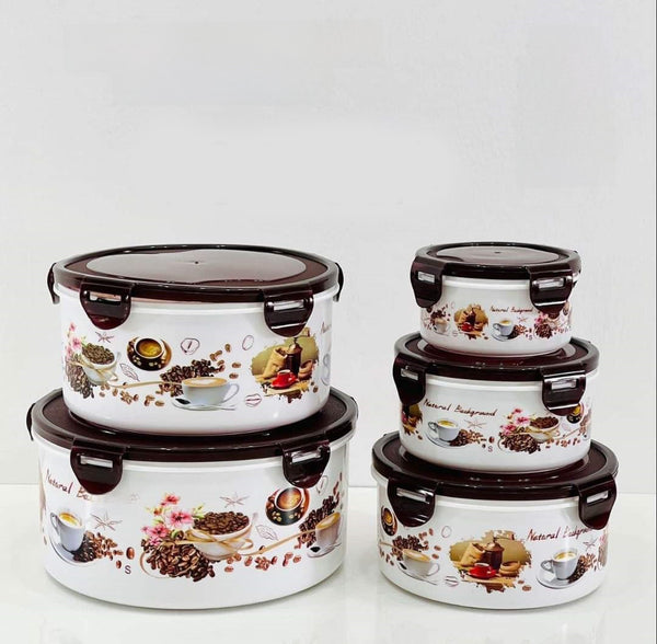 Classic Polished Enamel Ice Flower Bowl 5 Piece Set featuring stylish and functional nesting containers for kitchen organization.