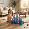 A joyful child playing with the 58-Piece Magnetic Diamond Building Blocks, creating a colorful castle structure.