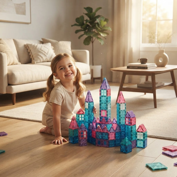 A joyful child playing with the 58-Piece Magnetic Diamond Building Blocks, creating a colorful castle structure.
