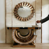 Mirror Console Storage Table Set with a stylish round mirror, adding decor and storage to an entryway or living room.