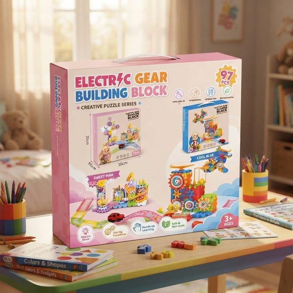 Box packaging of the 97-Piece Gear Building Construction Set featuring colorful gear designs and creative puzzle ideas.