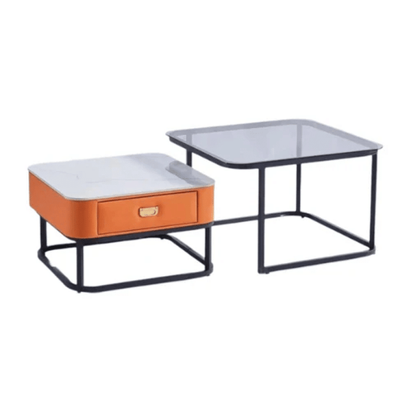 Elegant Coffee Table Set featuring modern nesting design with an orange drawer and sleek glass top.